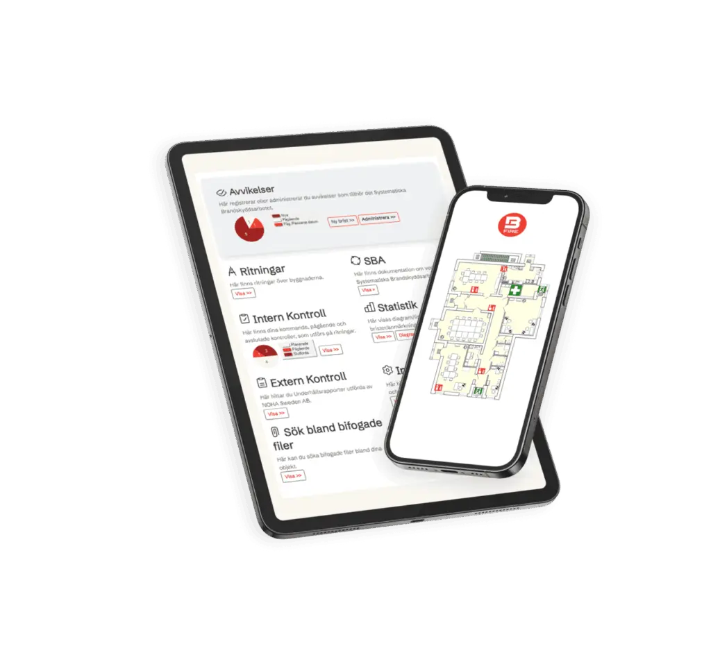 B4Fires digitala SBA-system på surfplatta och mobil – avvikelser, ritningar och intern kontroll samt en brandskyddsritning i mobilen
