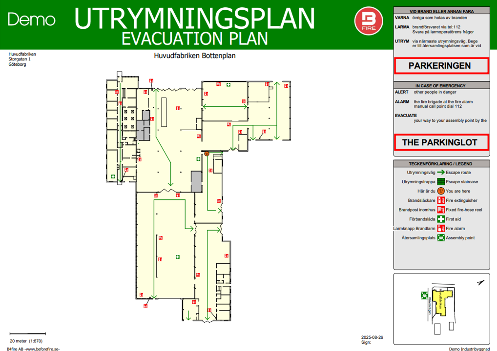 Färdig utrymningsplan skapad i B4Fire enligt svenska standarden SS-2875