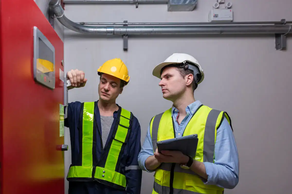 Verkstadpersonal med säkerhetsutrustning går utbildningen anläggningsskötare brandlar på industrialldeväxt, förebyggande arbete kännetecknat av förebyggande brandskydd och säkerhetsrutiner, fokus på brandskydd.