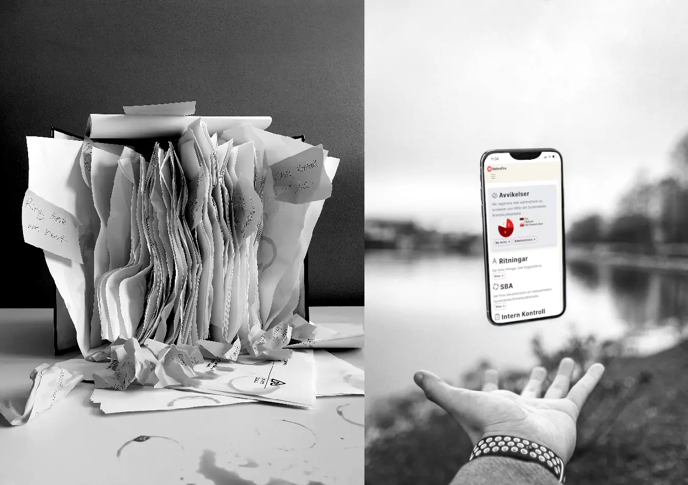Traditionell SBA-dokumentation i pärm jämfört med ett digitalt och strukturerat SBA-system i mobilen.