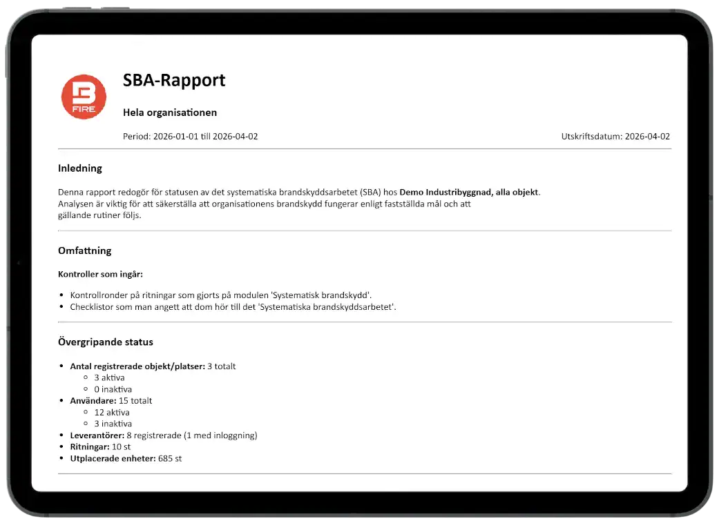 iPad som visar SBA-rapport i digitalt system för systematiskt brandskyddsarbete