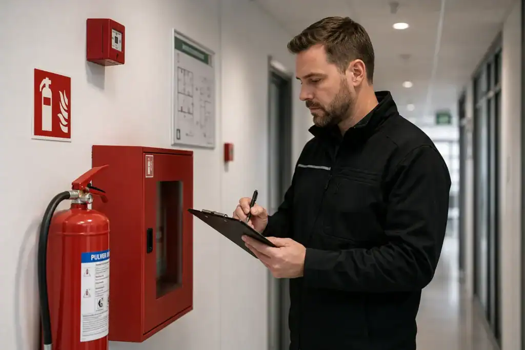 Brandskyddskontrollant som genomför kontroll av brandsläckare och brandskyddsutrustning