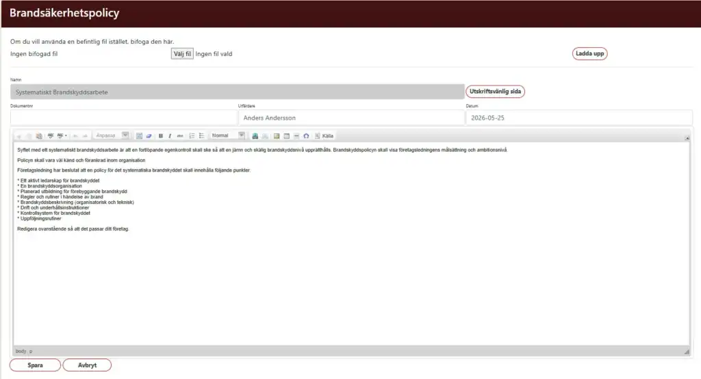 Skriv och redigera brandsäkerhetspolicy och SBA-instruktioner direkt i webbläsaren.