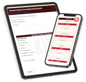 Digitalt SBA-system med checklista för systematiskt brandskyddsarbete i en mobiltelefon och på en surfplatta.