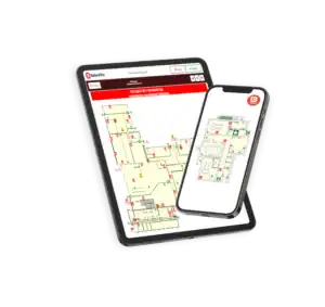 Digitalt SBA-system med interaktiv brandskyddsritning och planritning för rondering i en mobiltelefon och på en surfplatta.