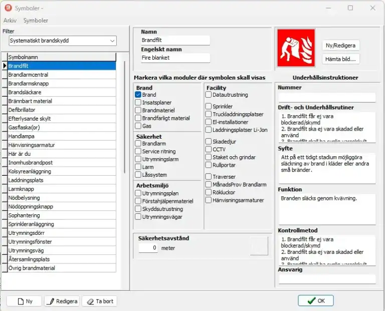 Symbolregister och verktygsfält inuti BeforeFire ritprogram för placering av kontrollpunkter direkt på digitala ritningar.